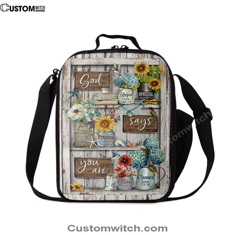 God Says You Are Unique Hummingbird Red Poppy Lunch Bag, Christian Lunch Bag, Religious Lunch Box For School, Picnic
