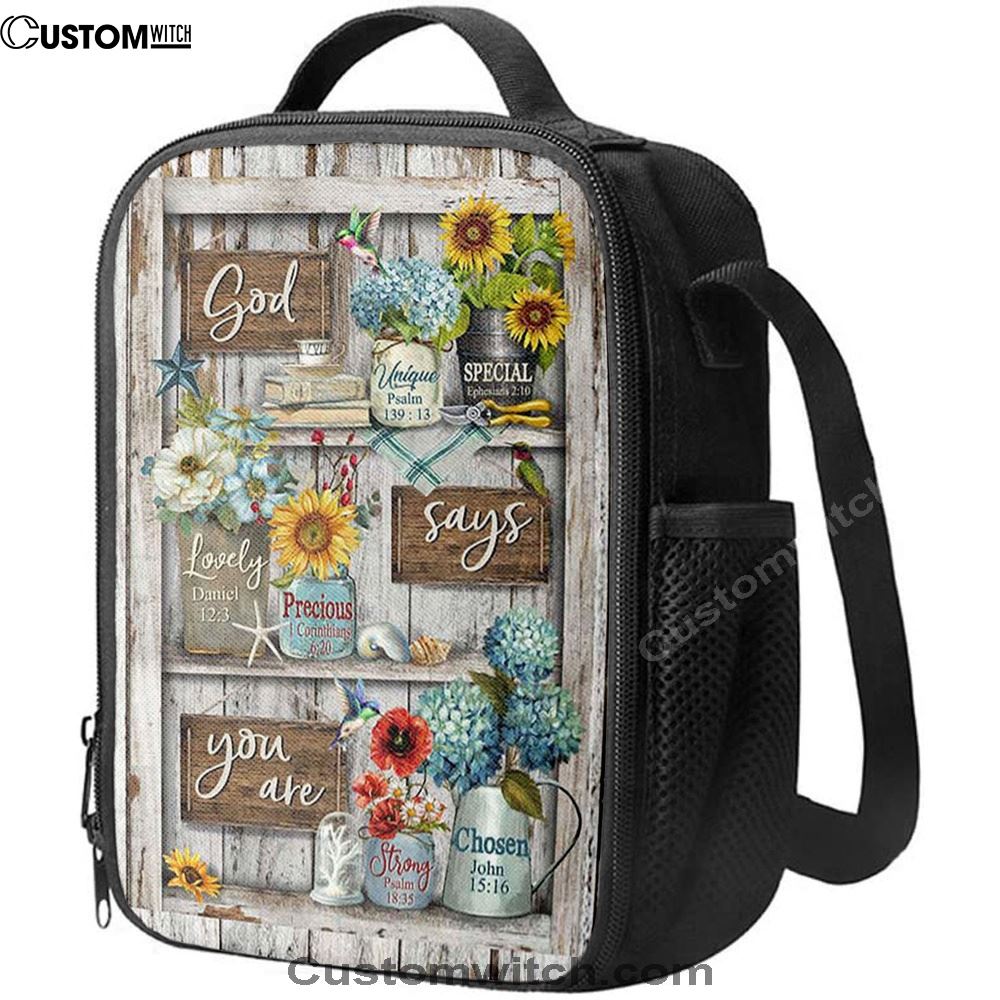 God Says You Are Unique Hummingbird Red Poppy Lunch Bag, Christian Lunch Bag, Religious Lunch Box For School, Picnic