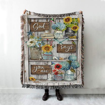 God Says You Are Unique Hummingbird Red Poppy Woven Blanket Art - Bible Verse Throw Blanket - Christian Inspirational Boho Blanket