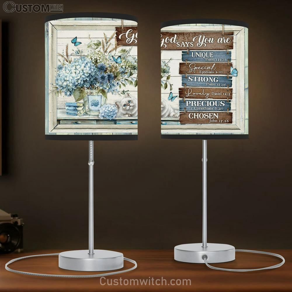 God Says You Are Unique Special Strong Lovely Precious Chosen Cat Flower Butterfly Large Table Lamb Art - Christian Lamb Gift - Religious Table Lamb Prints