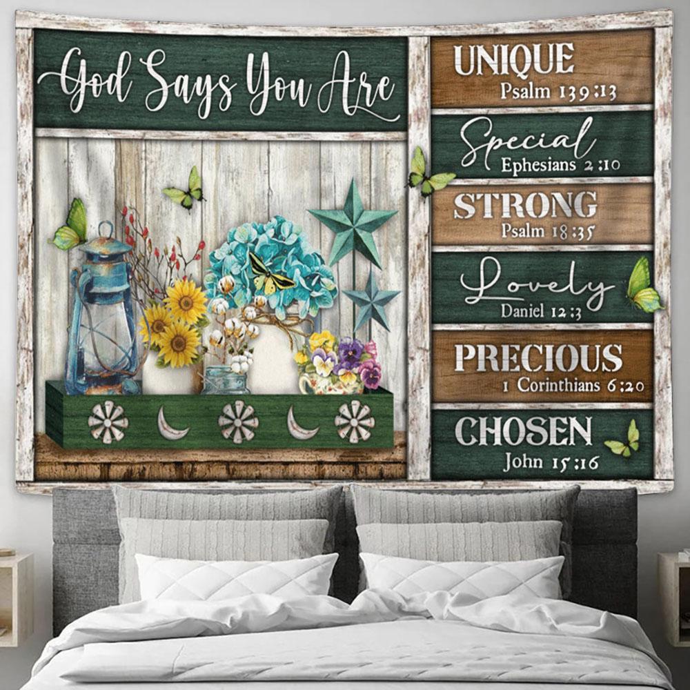 God Says You Are Unique Special Strong Lovely Precious Chosen Flower Butterfly Large Tapestry Art - Christian Wall Art - Religious Tapestry Prints