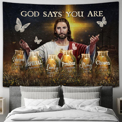 God Says You Are Unique Tapestry - Face Of Jesus Crystal Butterfly Tapestry Prints - Religious Tapestry Art - Christian Home Decor
