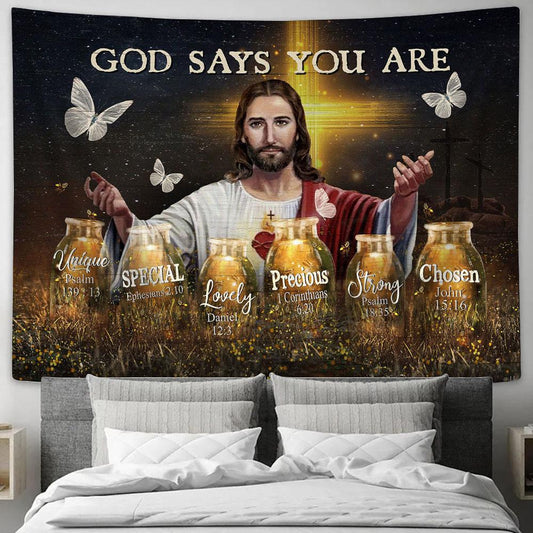 God Says You Are Unique Tapestry - Face Of Jesus Crystal Butterfly Tapestry Prints - Religious Tapestry Art - Christian Home Decor