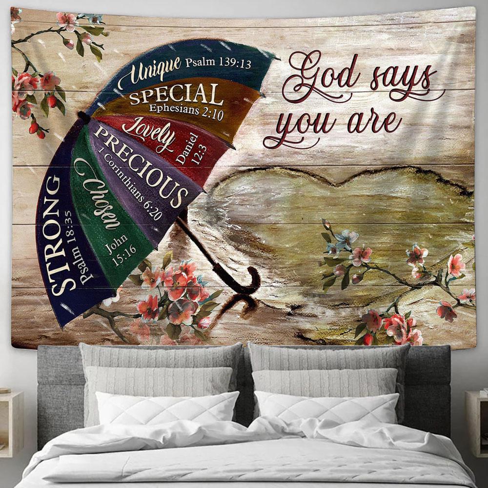 God Says You Are Unique Umbrella Rainy Day Tapestry Wall Art - Bible Verse Tapestry - Religious Tapestry Wall Hanging