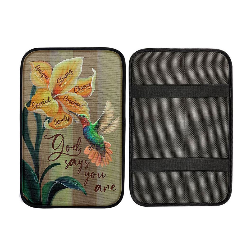 God Says You Are Unique Yellow Lily Hummingbird Car Center Console Cover, Religious Car Interior Accessories