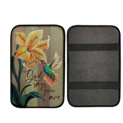 God Says You Are Unique Yellow Lily Hummingbird Car Center Console Cover, Religious Car Interior Accessories