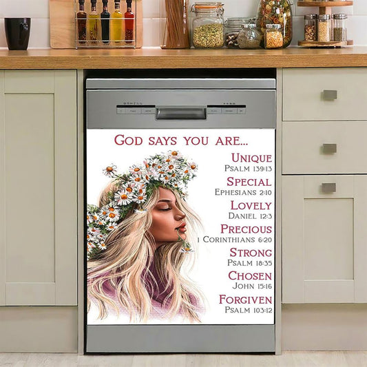 God Says You Are Unique Yellow Lily Hummingbird Dishwasher Cover, Bible Verse Dishwasher Stickers, Christian Inspirational Kitchen Decor