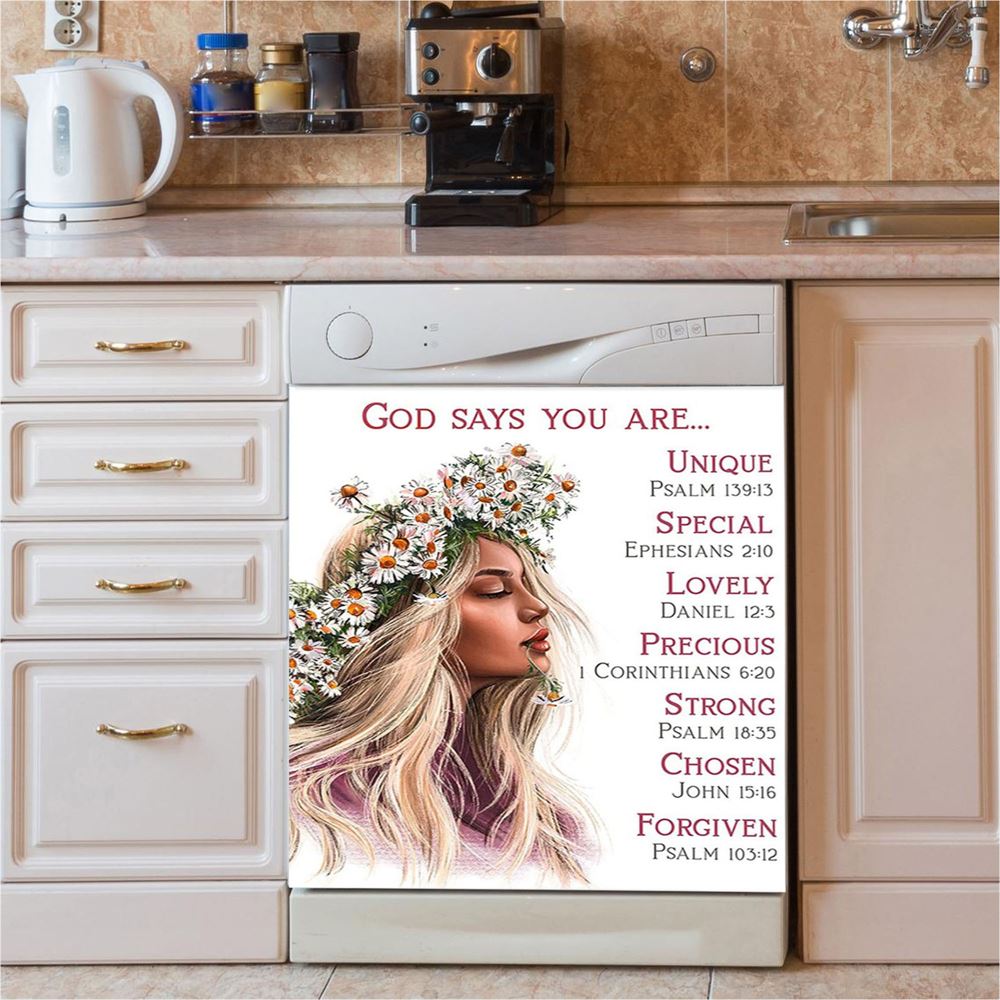 God Says You Are Unique Yellow Lily Hummingbird Dishwasher Cover, Bible Verse Dishwasher Stickers, Christian Inspirational Kitchen Decor
