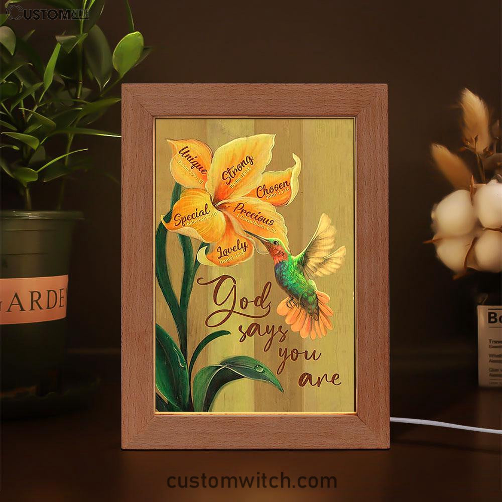 God Says You Are Unique Yellow Lily Hummingbird Frame Lamp Art - Bible Verse Art - Christian Inspirational Decor
