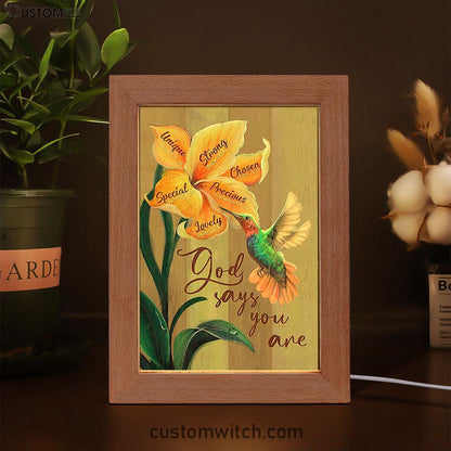 God Says You Are Unique Yellow Lily Hummingbird Frame Lamp Art - Bible Verse Art - Christian Inspirational Decor
