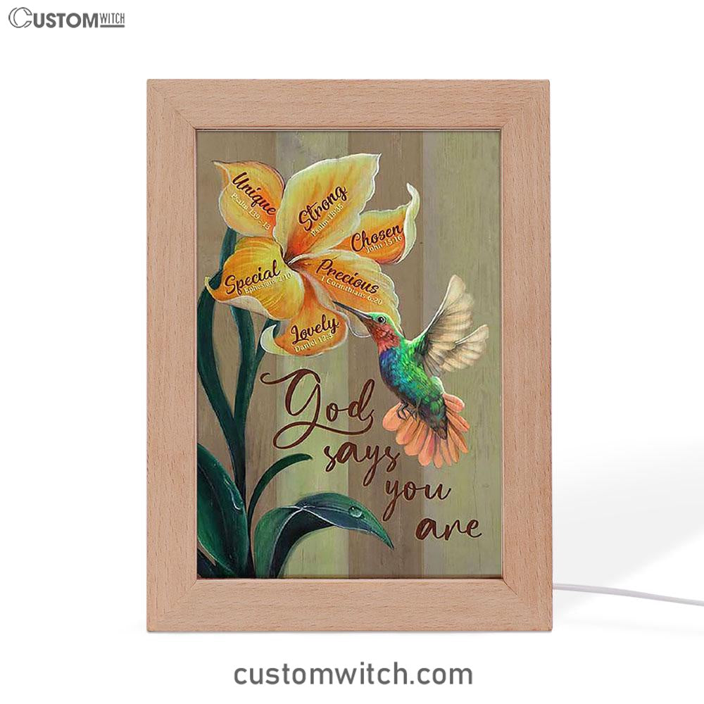 God Says You Are Unique Yellow Lily Hummingbird Frame Lamp Art - Bible Verse Art - Christian Inspirational Decor