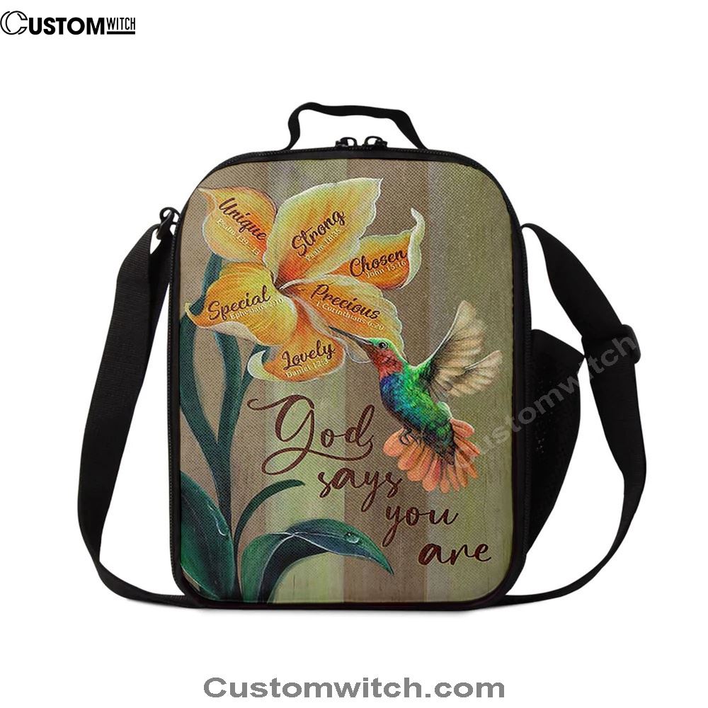 God Says You Are Unique Yellow Lily Hummingbird Lunch Bag, Christian Lunch Bag, Religious Lunch Box For School, Picnic