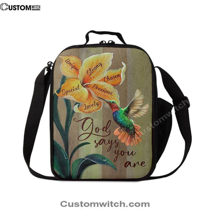 God Says You Are Unique Yellow Lily Hummingbird Lunch Bag, Christian Lunch Bag, Religious Lunch Box For School, Picnic