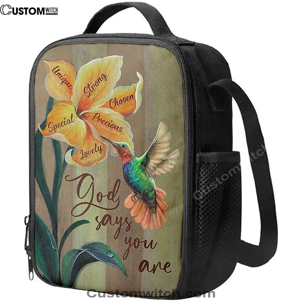 God Says You Are Unique Yellow Lily Hummingbird Lunch Bag, Christian Lunch Bag, Religious Lunch Box For School, Picnic