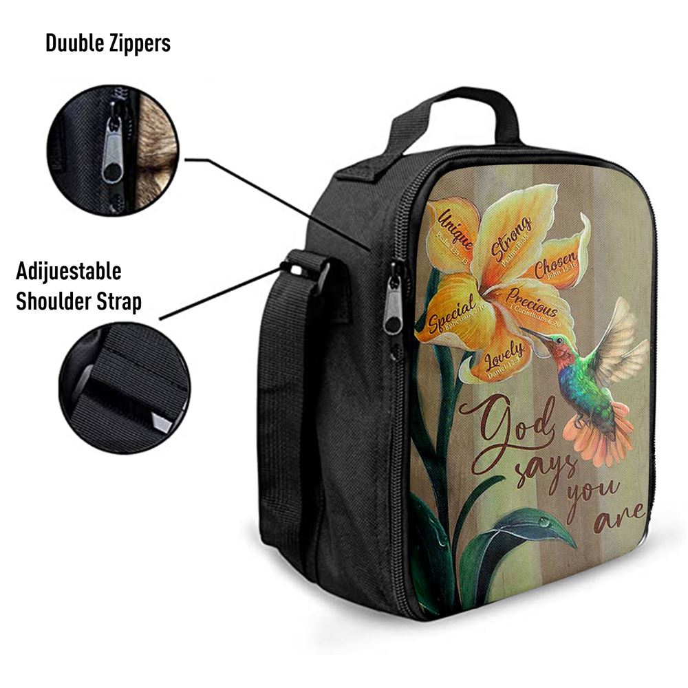 God Says You Are Unique Yellow Lily Hummingbird Lunch Bag, Christian Lunch Bag, Religious Lunch Box For School, Picnic