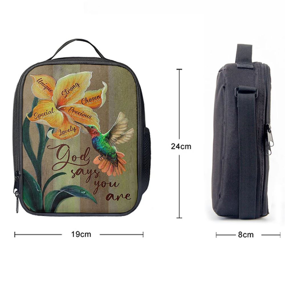 God Says You Are Unique Yellow Lily Hummingbird Lunch Bag, Christian Lunch Bag, Religious Lunch Box For School, Picnic