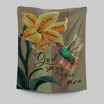 God Says You Are Unique Yellow Lily Hummingbird Tapestry Art - Bible Verse Wall Art - Christian Inspirational Wall Decor