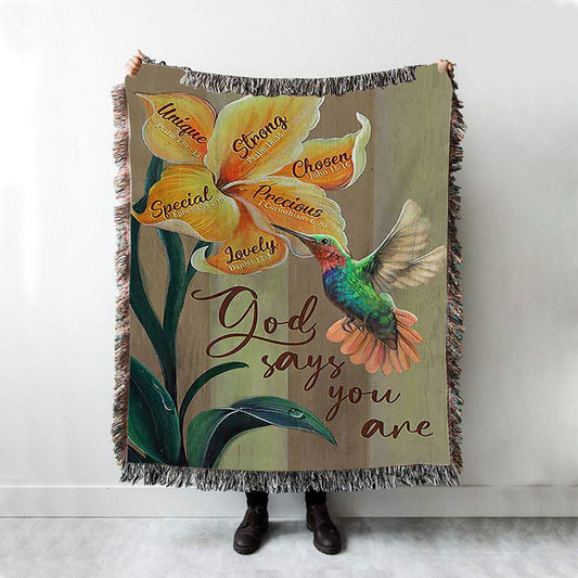 God Says You Are Unique Yellow Lily Hummingbird Woven Blanket Art - Bible Verse Throw Blanket - Christian Inspirational Boho Blanket