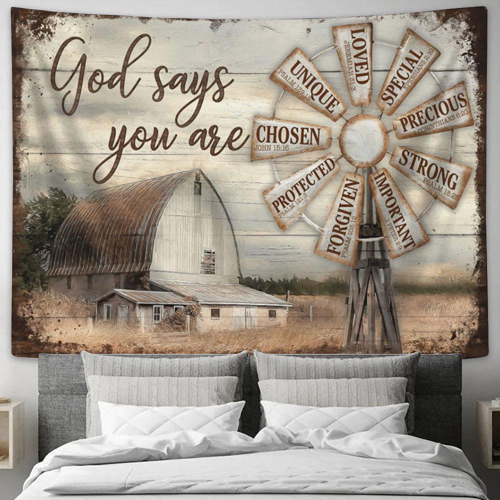 God Says You Are Windmill Farm Rustic Barn Large Tapestry Art - Christian Wall Art Home Decor - Religious Tapestry Prints