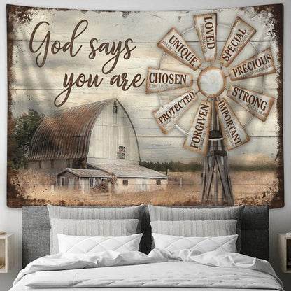 God Says You Are Windmill Farm Rustic Barn Large Tapestry Art - Christian Wall Art Home Decor - Religious Tapestry Prints