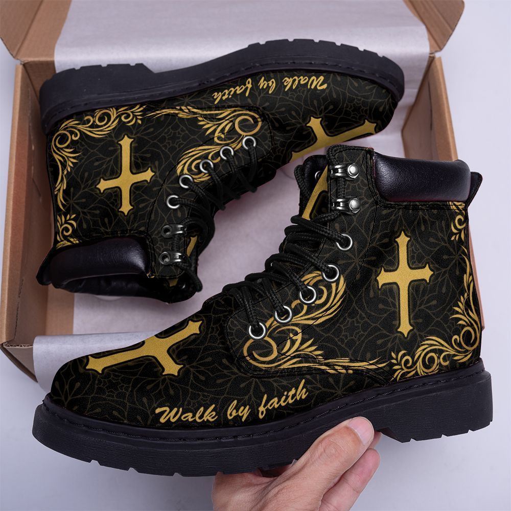 God Walk By Faith Printed Boots, Christian Lifestyle Boots, Bible Verse Boots, Christian Apparel Boots