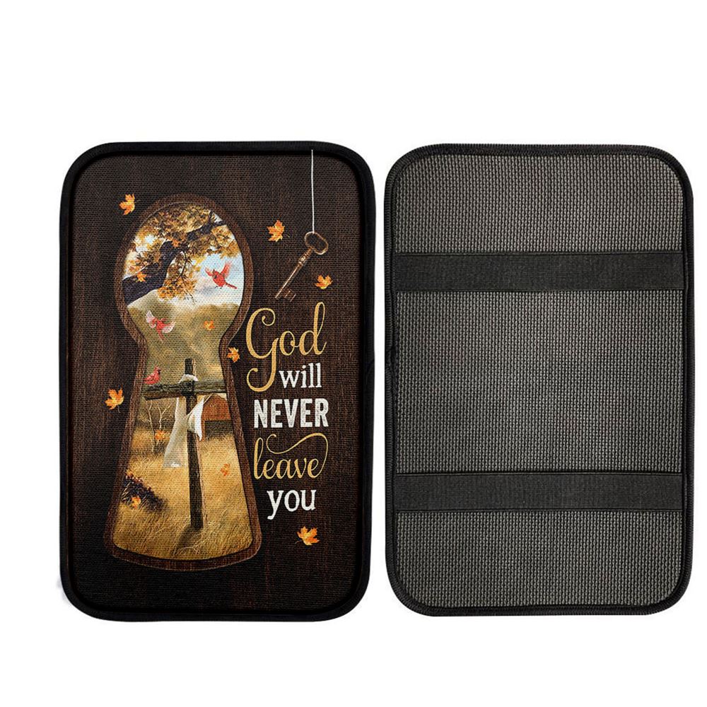 God Will Never Leave You Wooden Cross Red Cardinal Car Center Console Cover, Religious Car Interior Accessories