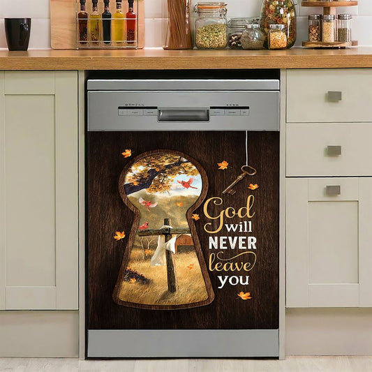 God Will Never Leave You Wooden Cross Red Cardinal Dishwasher Cover, Christian Dishwasher Stickers, Bible Verse Kitchen Decor