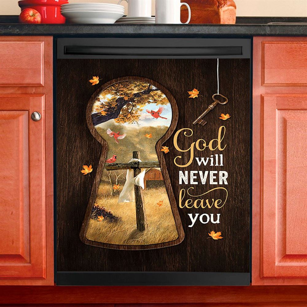God Will Never Leave You Wooden Cross Red Cardinal Dishwasher Cover, Christian Dishwasher Stickers, Bible Verse Kitchen Decor