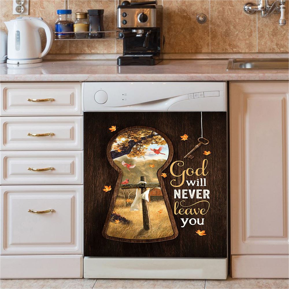 God Will Never Leave You Wooden Cross Red Cardinal Dishwasher Cover, Christian Dishwasher Stickers, Bible Verse Kitchen Decor