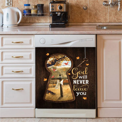 God Will Never Leave You Wooden Cross Red Cardinal Dishwasher Cover, Christian Dishwasher Stickers, Bible Verse Kitchen Decor