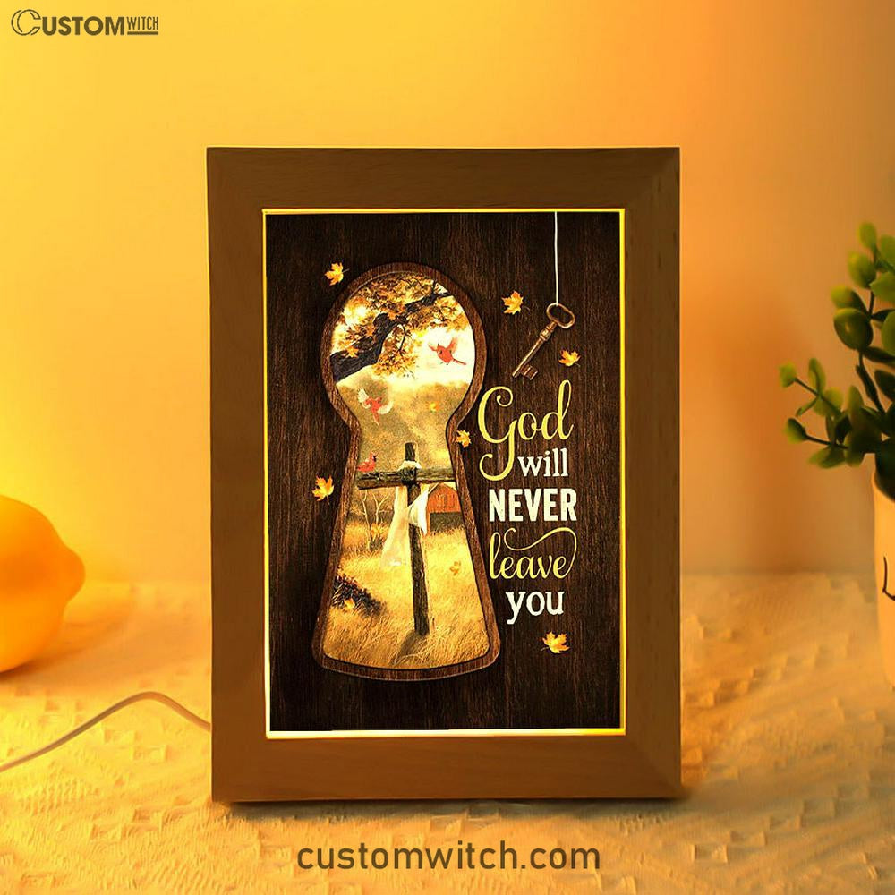 God Will Never Leave You Wooden Cross Red Cardinal Frame Lamp Art - Christian Night Light - Bible Verse Wooden Lamp