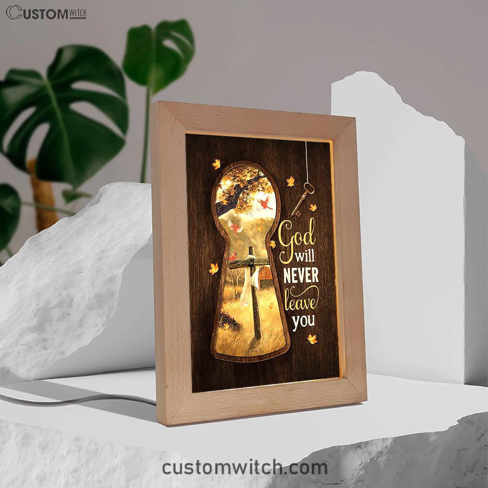 God Will Never Leave You Wooden Cross Red Cardinal Frame Lamp Art - Christian Night Light - Bible Verse Wooden Lamp
