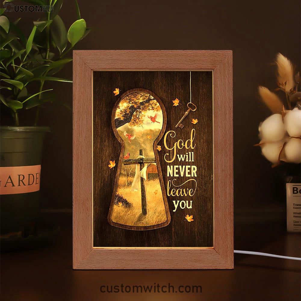 God Will Never Leave You Wooden Cross Red Cardinal Frame Lamp Art - Christian Night Light - Bible Verse Wooden Lamp