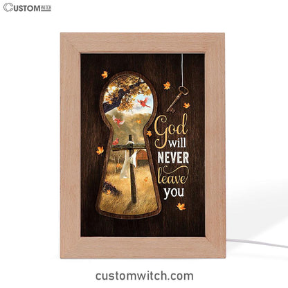 God Will Never Leave You Wooden Cross Red Cardinal Frame Lamp Art - Christian Night Light - Bible Verse Wooden Lamp