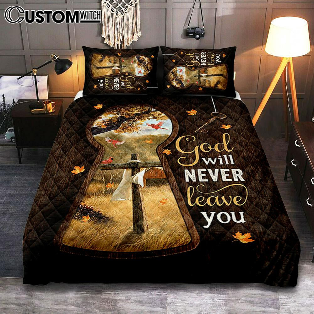 God Will Never Leave You Wooden Cross Red Cardinal Quilt Bedding Set Bedroom - Christian Quilt Bedding Set Prints - Bible Verse Quilt Bedding Set Art