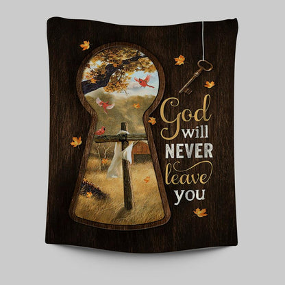God Will Never Leave You Wooden Cross Red Cardinal Tapestry Wall Art - Christian Tapestries Prints - Bible Verse Tapestry Art