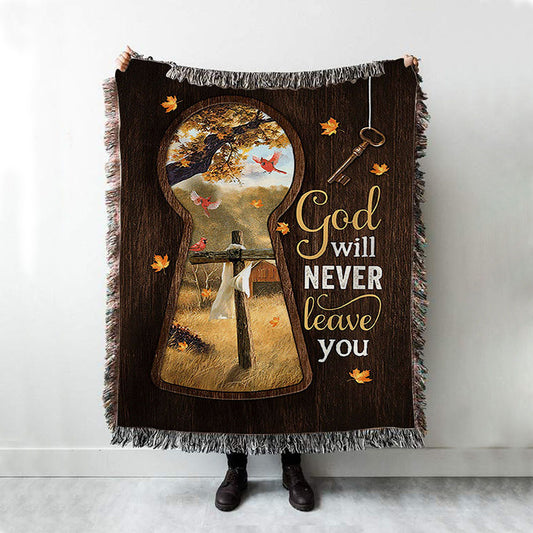 God Will Never Leave You Wooden Cross Red Cardinal Woven Throw Blanket - Christian Woven Blanket Prints - Bible Verse Woven Blanket Art