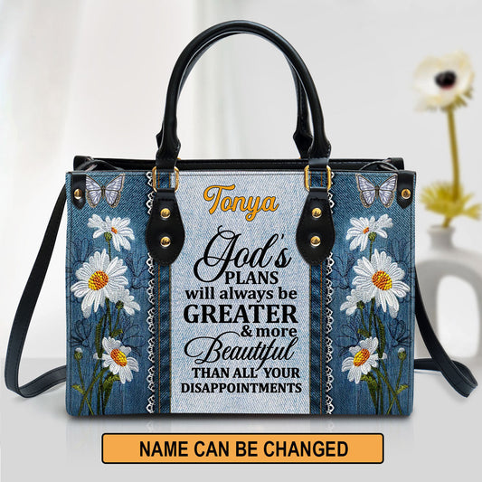 God's Plans Will Always Be Greater Than All Your Disappointments Daisy & Butterfly Leather Bag, Personalized Leather Bag For Christian Women