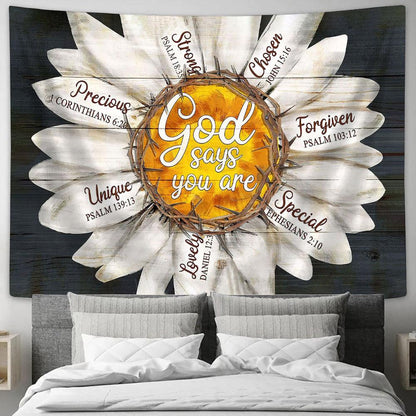 God says you are Daisy flower Tapestry Wall Art - Bible Verse Tapestry - Religious Tapestry Wall Hanging