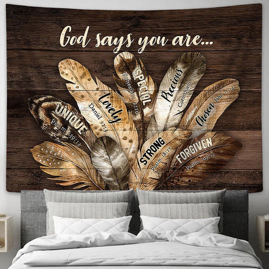 God says you are Feather Tapestry Wall Art - Bible Verse Tapestry - Religious Tapestry Wall Hanging