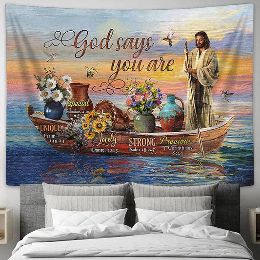 God says you are Tapestry - Jesus on the boat Tapestry Wall Art - Bible Verse Tapestry - Religious Tapestry Wall Hanging
