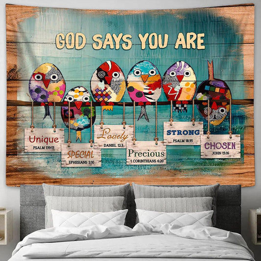 God says you are The colorful birds Tapestry Wall Art - Bible Verse Tapestry - Religious Tapestry Wall Hanging