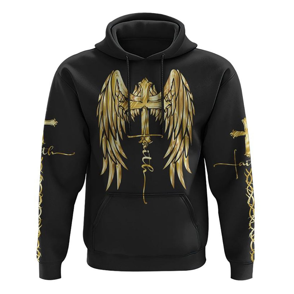 Gold Faith Wings Cross All Over Print 3D Hoodie, Christian Hoodie, Christian Sweatshirt, Bible Verse Shirt
