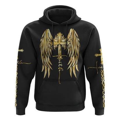 Gold Faith Wings Cross All Over Print 3D Hoodie, Christian Hoodie, Christian Sweatshirt, Bible Verse Shirt