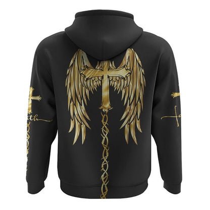 Gold Faith Wings Cross All Over Print 3D Hoodie, Christian Hoodie, Christian Sweatshirt, Bible Verse Shirt