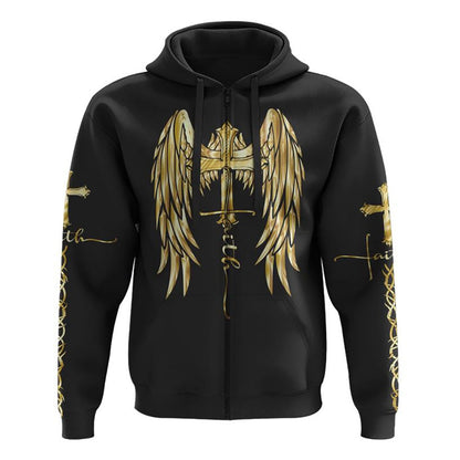 Gold Faith Wings Cross All Over Print 3D Hoodie, Christian Hoodie, Christian Sweatshirt, Bible Verse Shirt