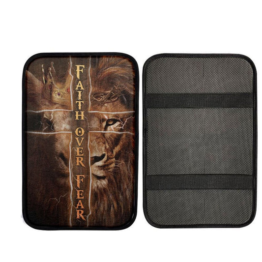 Golden Crown, Lion King, Cross, Faith Over Fear Car Center Console Cover, Car Armrest Pad, Christian Gift, Armrest Box Mat