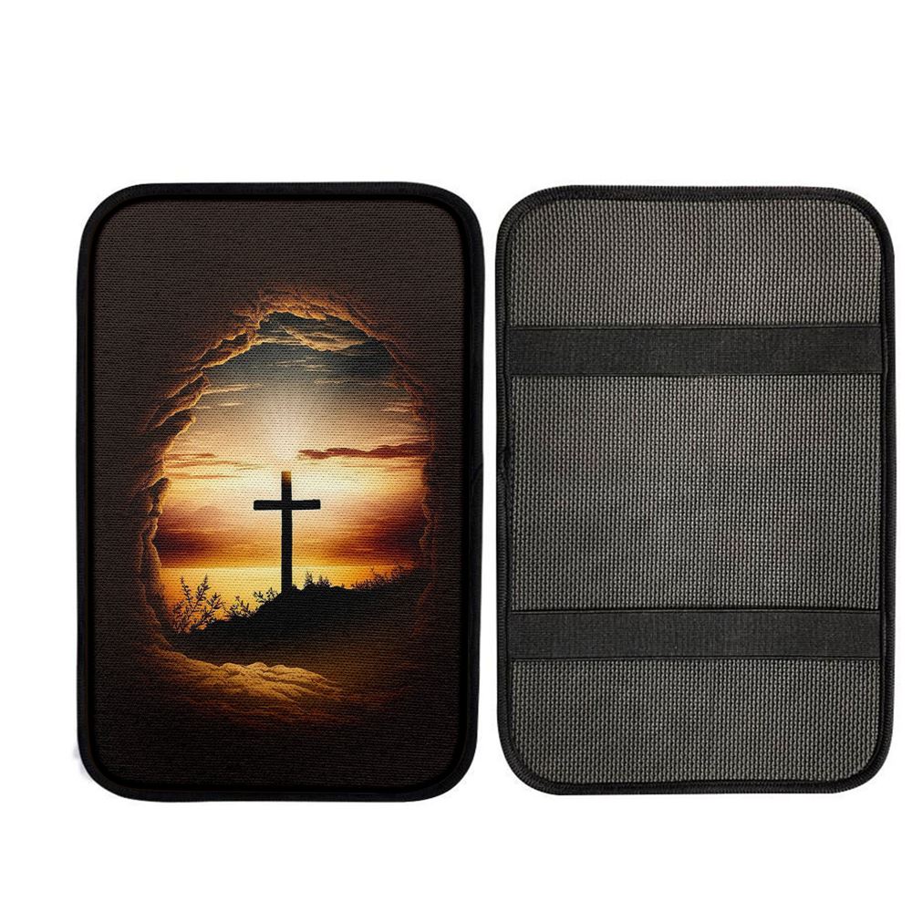 Good Friday Cross Golden Sunset Sky Car Center Console Cover, Religious Car Interior Accessories