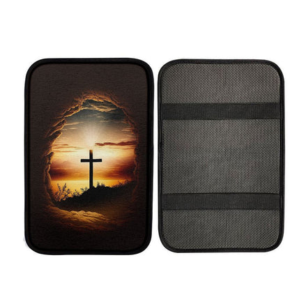 Good Friday Cross Golden Sunset Sky Car Center Console Cover, Religious Car Interior Accessories