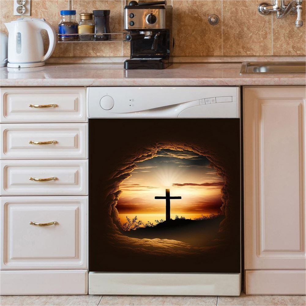 Good Friday Cross Golden Sunset Sky Dishwasher Cover, Religious Dishwasher Stickers, Christian Kitchen Decor